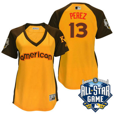 Women - 2016 All-Star American Kansas City Royals #13 Salvador Perez Gold Home Run Derby Cool Base Jersey