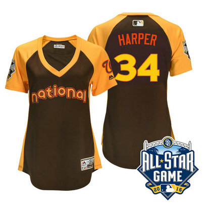 Women - 2016 All-Star National Washington Nationals #34 Bryce Harper Brown Home Run Derby Cool Base Jersey