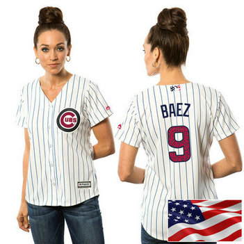 Women - Chicago Cubs Javier Baez #9 White 2016 Independence Day Stars & Stripes Cool Base Jersey
