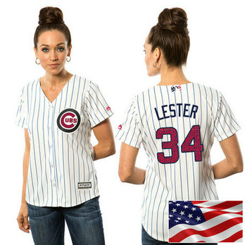 Women - Chicago Cubs Jon Lester #34 White 2016 Independence Day Stars & Stripes Cool Base Jersey