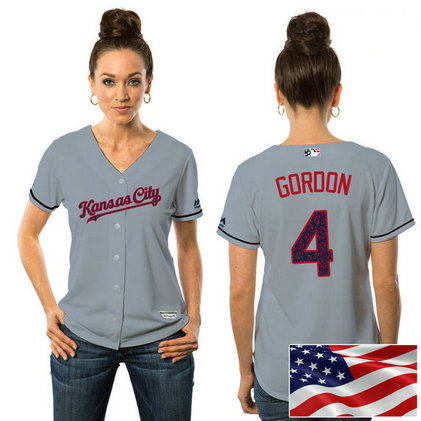 Women - Kansas City Royals Alex Gordon #4 Grey 2016 Independence Day Stars & Stripes Cool Base Jersey