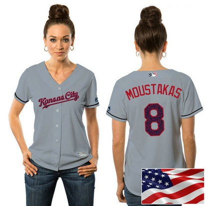 Women - Kansas City Royals Mike Moustakas #8 Grey 2016 Independence Day Stars & Stripes Cool Base Jersey
