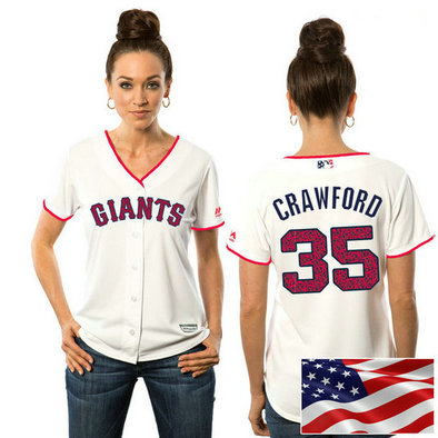 Women - San Francisco Giants Brandon Crawford #35 White 2016 Independence Day Stars & Stripes Cool Base Jersey