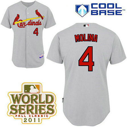 St. Louis Cardinals #4 Yadier Molina Grey Road Cool Base 2011 World Series Patch Jersey St. Louis Cardinals #4 Yadier Molina Grey Road Cool Base 2011 World Series Patch Jersey