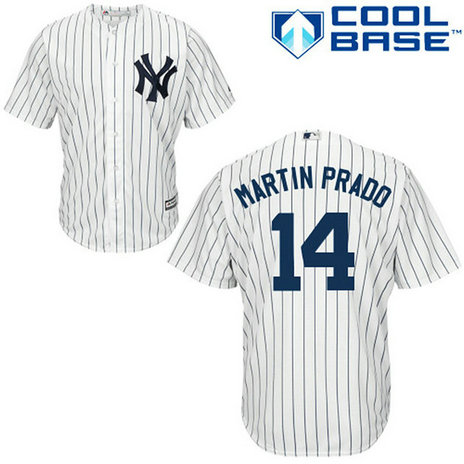 New York Yankees #14 Martin Prado Authentic White/Navy Blue Pinstripe Home Jersey