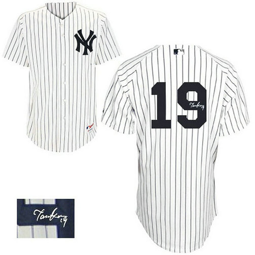 New York Yankees #19 Masahiro Tanaka Authentic White/Navy Blue Pinstripe Autographed Home Jersey