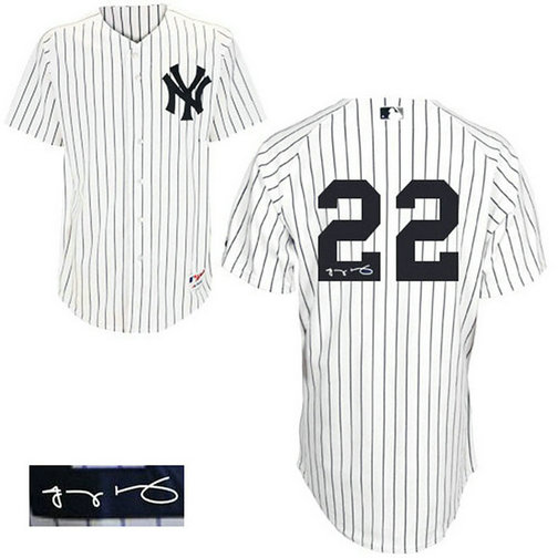 New York Yankees #22 Jacoby Ellsbury Authentic White/Navy Blue Pinstripe Autographed Home Jersey