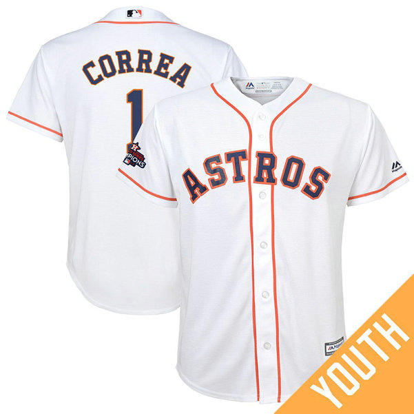 YOUTH Houston Astros Carlos Correa #1 White 2017 World Series Champions Team Logo Patch Cool Base Jersey YOUTH Houston Astros Carlos Correa #1 White 2017 World Series Champions Team Logo Patch Cool Base Jersey