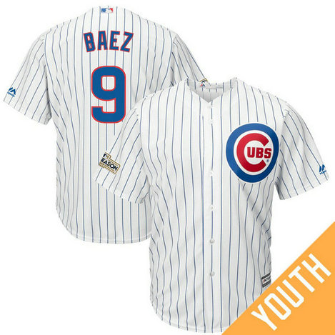 YOUTH Javier Baez #9 Chicago Cubs 2017 Postseason White Cool Base Jersey