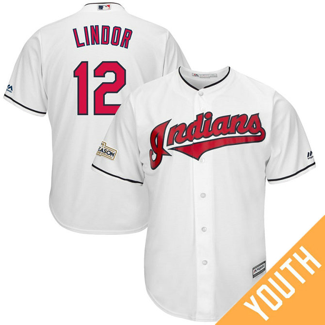 YOUTH Francisco Lindor #12 Cleveland Indians 2017 Postseason White Cool Base Jersey YOUTH Francisco Lindor #12 Cleveland Indians 2017 Postseason White Cool Base Jersey