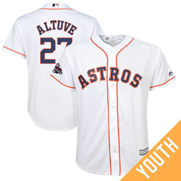 YOUTH Houston Astros Jose Altuve #27 White 2017 World Series Champions Team Logo Patch Cool Base Jersey