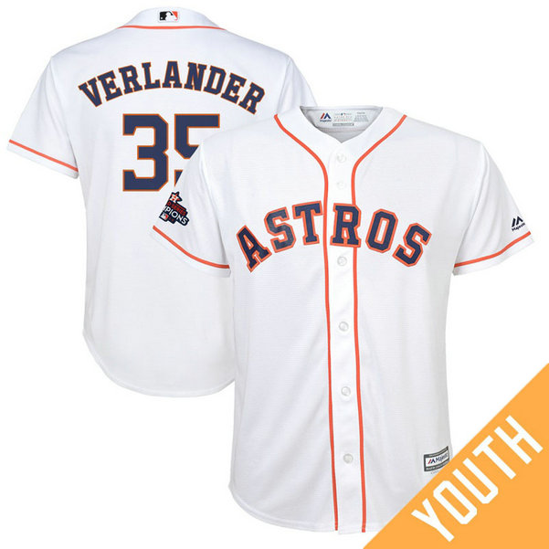 YOUTH Houston Astros Justin Verlander #35 White 2017 World Series Champions Team Logo Patch Cool Base Jersey