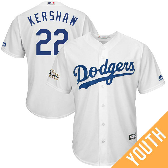 YOUTH Clayton Kershaw #22 Los Angeles Dodgers 2017 Postseason White Cool Base Jersey
