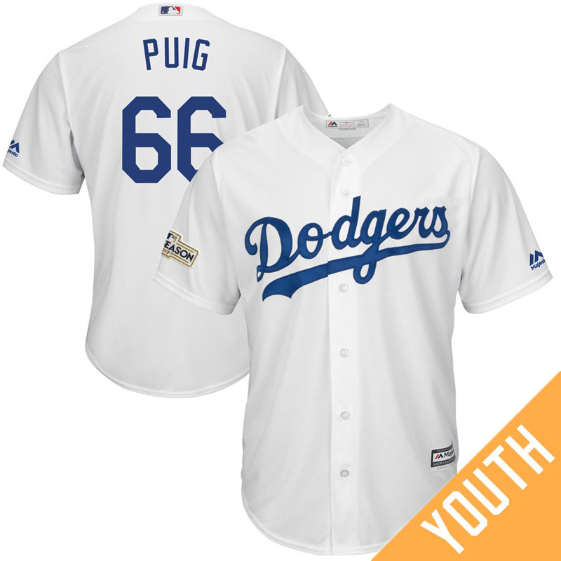 YOUTH Yasiel Puig #66 Los Angeles Dodgers 2017 Postseason White Cool Base Jersey