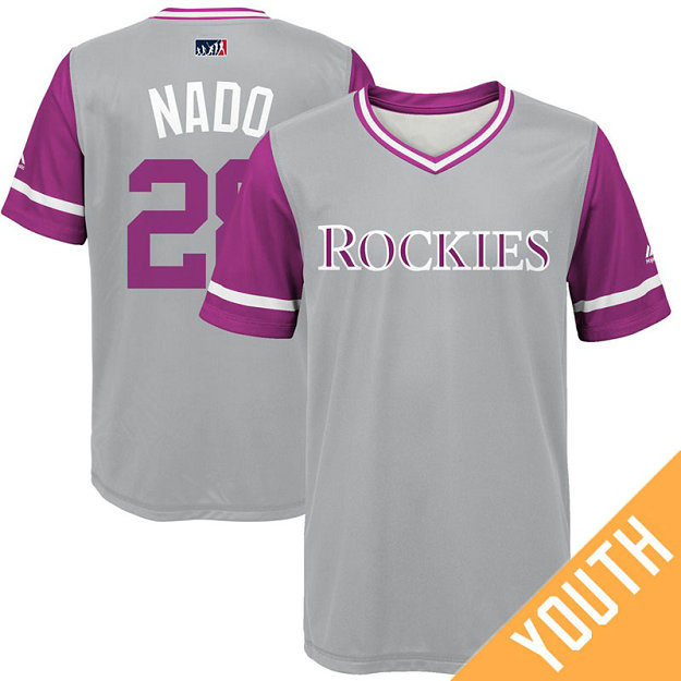 YOUTH Colorado Rockies Nolan Arenado #28 Nado Grey Nickname 2017 Little League Players Weekend Jersey YOUTH Colorado Rockies Nolan Arenado #28 Nado Grey Nickname 2017 Little League Players Weekend Jersey