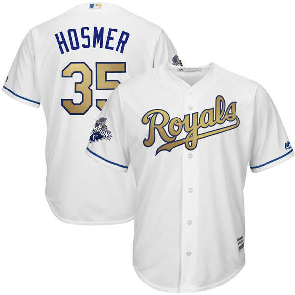 YOUTH Eric Hosmer #35 Kansas City Royals White World Series Champions Gold Program Cool Base Jersey