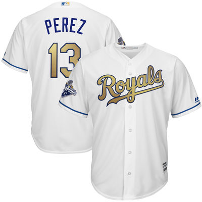 YOUTH Salvador Perez #13 Kansas City Royals White World Series Champions Gold Program Cool Base Jersey