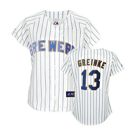 Women - Milwaukee Brewers #13 Zack Greinke White(Blue Strip)Fashion Jersey Women - Milwaukee Brewers #13 Zack Greinke White(Blue Strip)Fashion Jersey