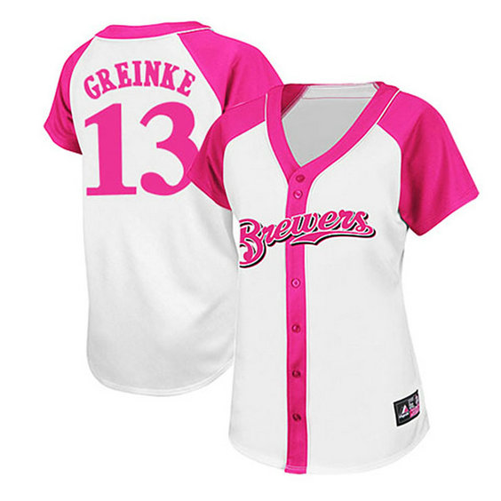 Women - Milwaukee Brewers #13 Zack Greinke White/Pink Splash Fashion Jersey Women - Milwaukee Brewers #13 Zack Greinke White/Pink Splash Fashion Jersey