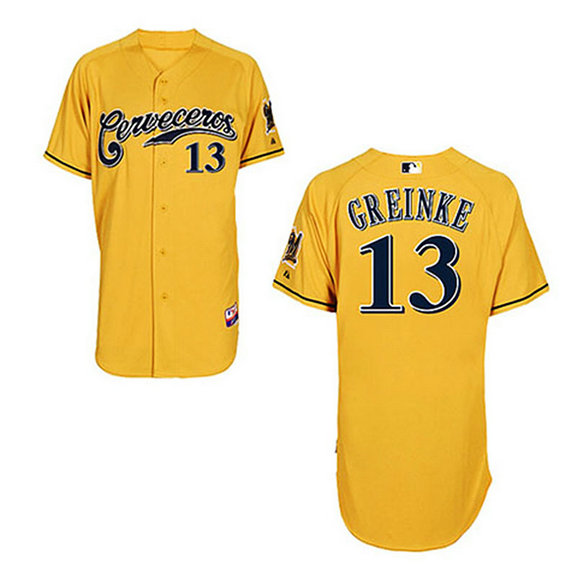 Milwaukee Brewers #13 Zack Greinke Yellow Cerveceros Cool Base Jersey Milwaukee Brewers #13 Zack Greinke Yellow Cerveceros Cool Base Jersey