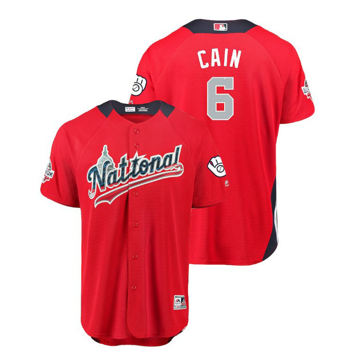 National League #6 Lorenzo Cain Home 2018 MLB All-Star Red Run Derby Jersey National League #6 Lorenzo Cain Home 2018 MLB All-Star Red Run Derby Jersey
