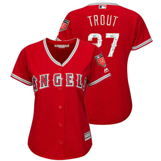 WOMEN - Los Angeles Angels #27 Mike Trout Scarlet 2018 Spring Training Cool Base Player Jersey WOMEN - Los Angeles Angels #27 Mike Trout Scarlet 2018 Spring Training Cool Base Player Jersey