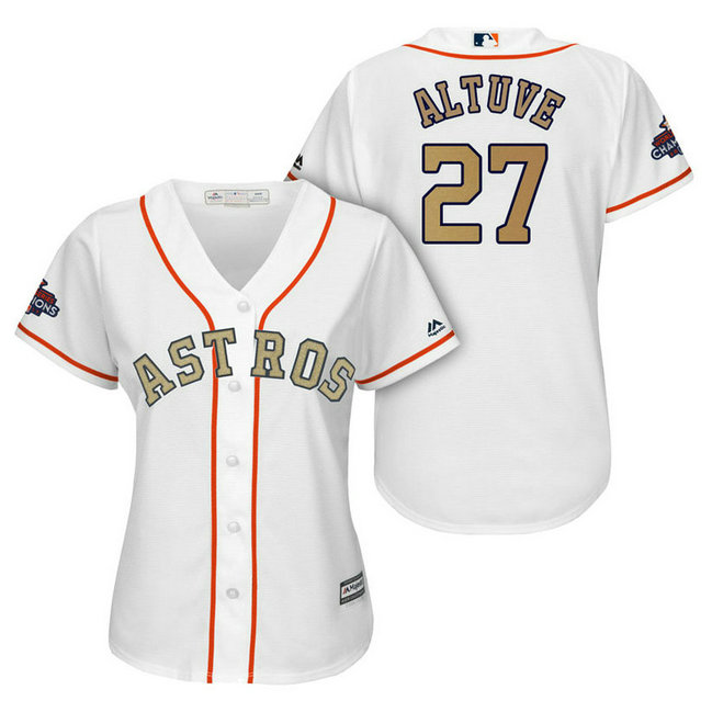 WOMEN - Houston Astros #27 Jose Altuve White Cool Base Jersey 2018 Gold Program