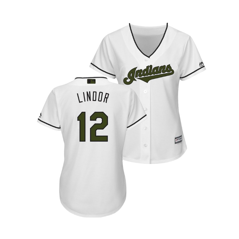 WOMEN - Cleveland Indians White #12 Francisco Lindor Cool Base Jersey 2018 Memorial Day