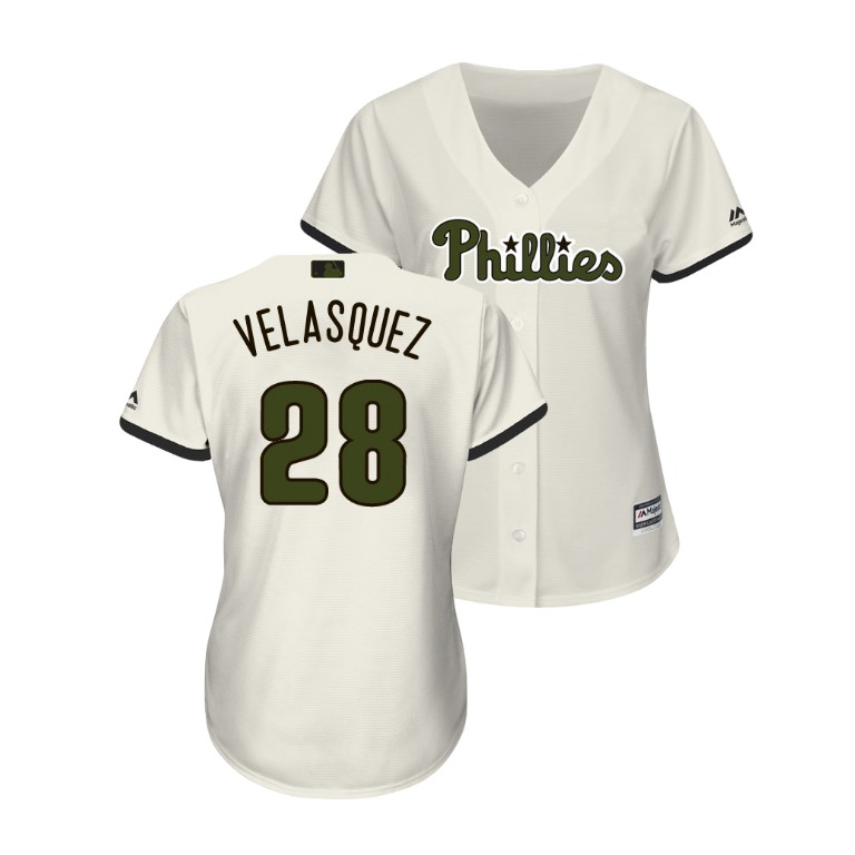 WOMEN - Philadelphia Phillies Cream #28 Vince Velasquez Cool Base Jersey 2018 Memorial Day