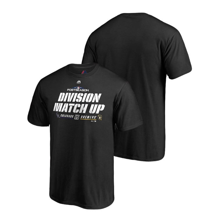 Milwaukee Brewers vs. Colorado Rockies Black 2018 NL Division Series Matchup Double Majestic T-Shirt Milwaukee Brewers vs. Colorado Rockies Black 2018 NL Division Series Matchup Double Majestic T-Shirt