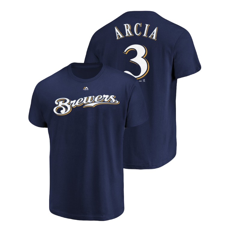 Milwaukee Brewers #3 Navy Orlando Arcia Name & Number Majestic Official T-Shirt Milwaukee Brewers #3 Navy Orlando Arcia Name & Number Majestic Official T-Shirt
