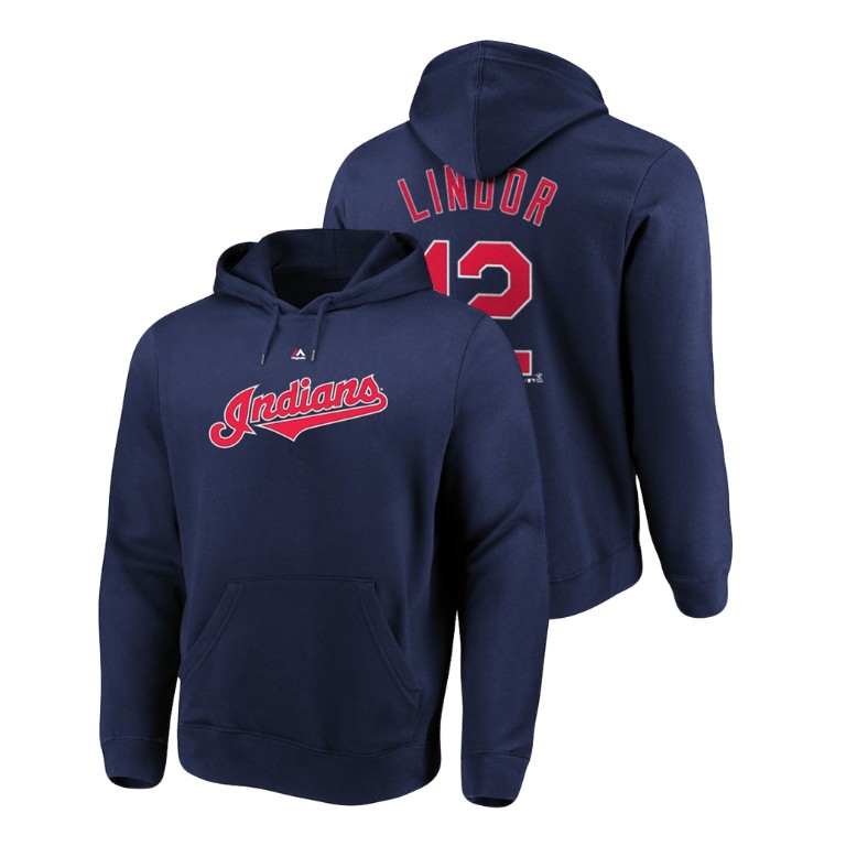 Cleveland Indians #12 Navy Francisco Lindor Name & Number Authentic Majestic Hoodie