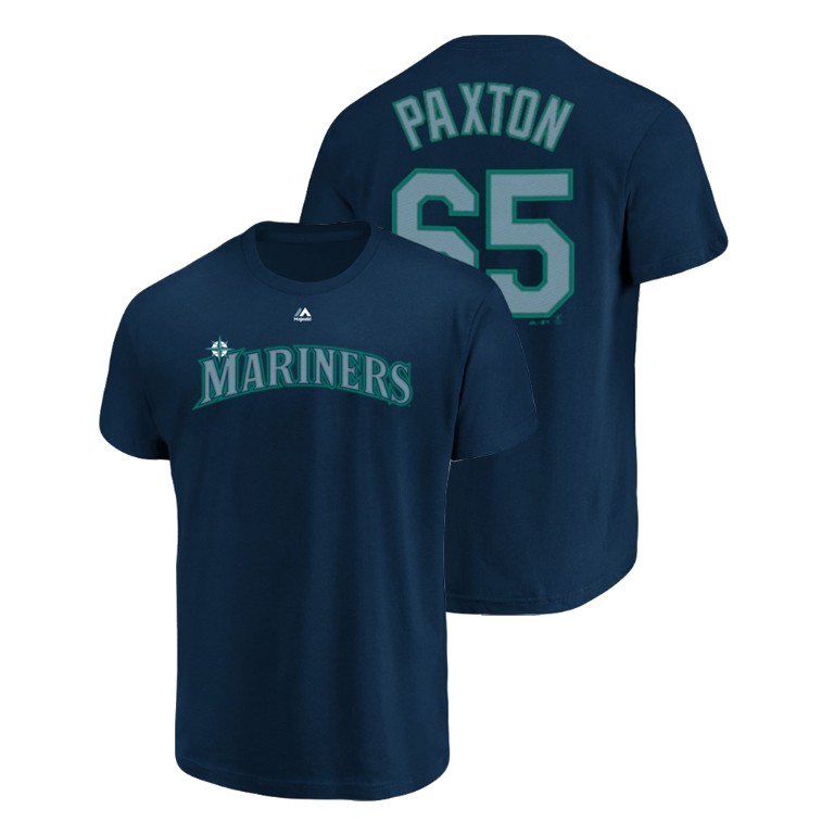 Seattle Mariners #65 Navy James Paxton Name & Number Majestic Official T-Shirt