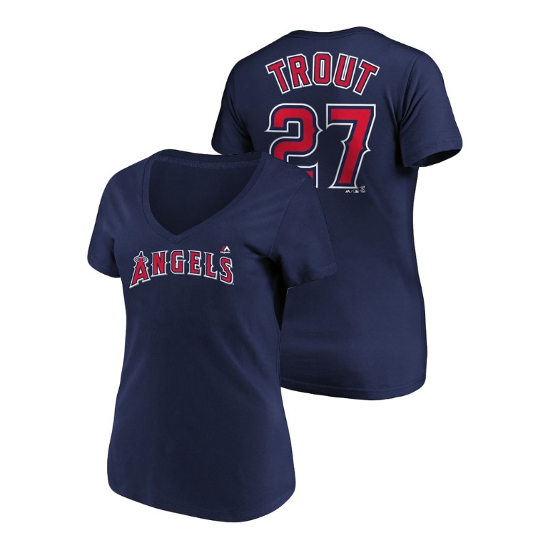 Women - Los Angeles Angels #27 Navy Mike Trout Name & Number Majestic V-Neck T-Shirt
