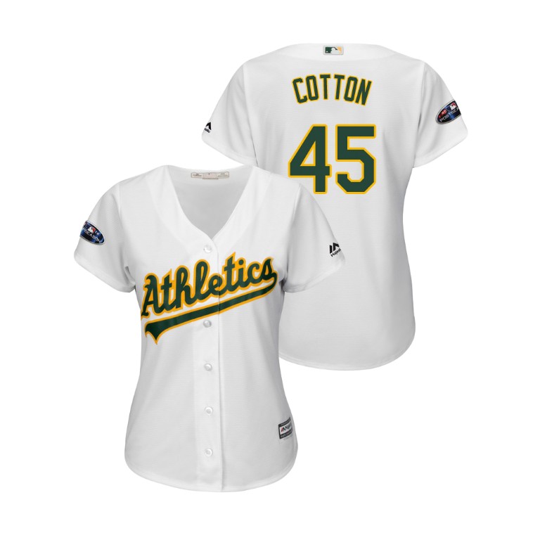 Women - Oakland Athletics White #45 Jharel Cotton Cool Base Jersey