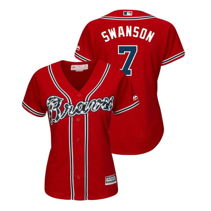 Women - Atlanta Braves Red #7 Cool Base Dansby Swanson Alternate Jersey
