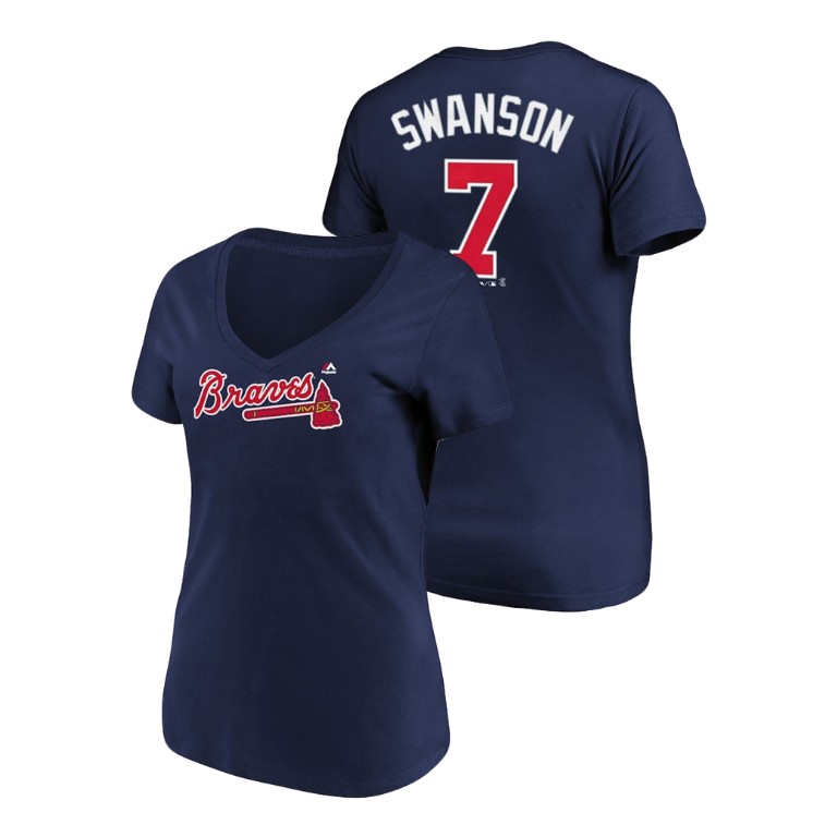 Women - Atlanta Braves #7 Navy Dansby Swanson Name & Number Majestic V-Neck T-Shirt
