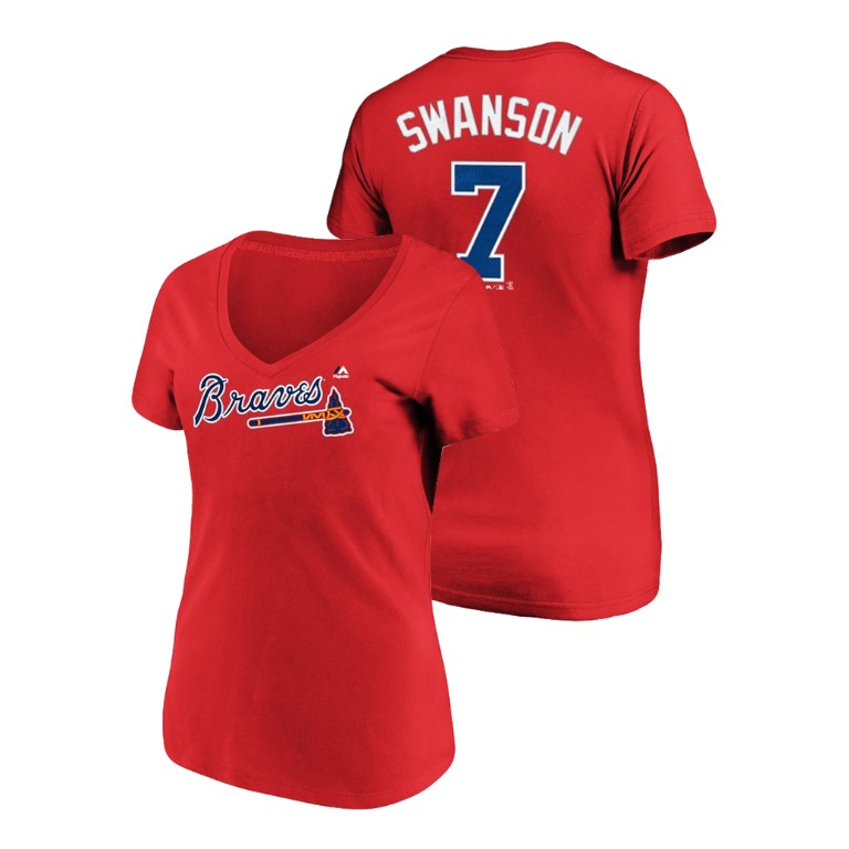 Women - Atlanta Braves #7 Red Dansby Swanson Name & Number Majestic V-Neck T-Shirt