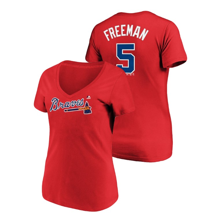 Women - Atlanta Braves #5 Red Freddie Freeman Name & Number Majestic V-Neck T-Shirt