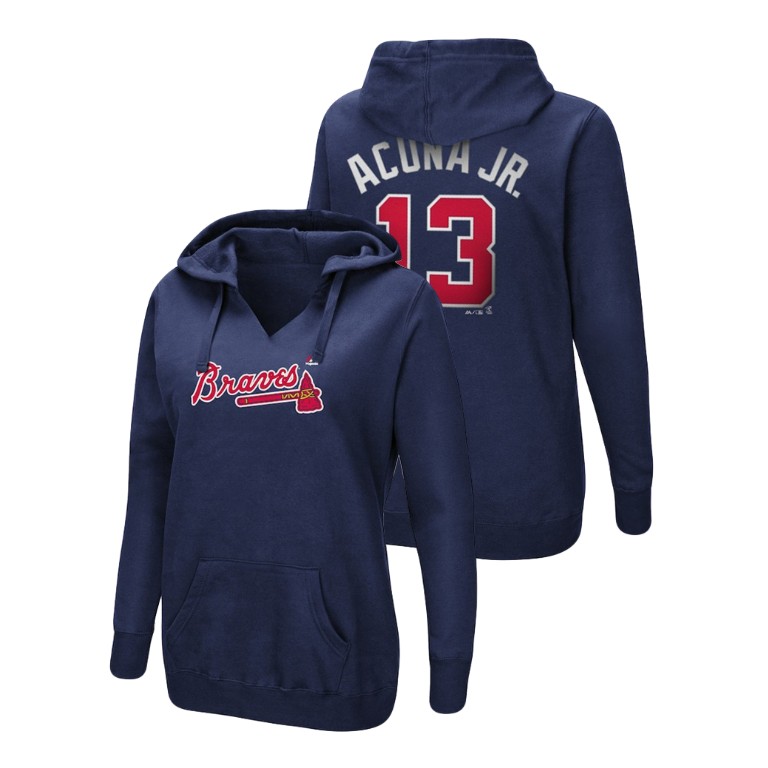 Women - Atlanta Braves #13 Navy Ronald Acuna Jr. Name & Number Authentic Majestic Hoodie