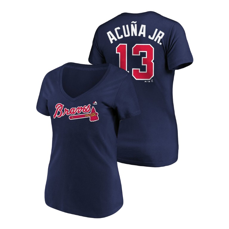Women - Atlanta Braves #13 Navy Ronald Acuna Jr. Name & Number Majestic V-Neck T-Shirt Women - Atlanta Braves #13 Navy Ronald Acuna Jr. Name & Number Majestic V-Neck T-Shirt