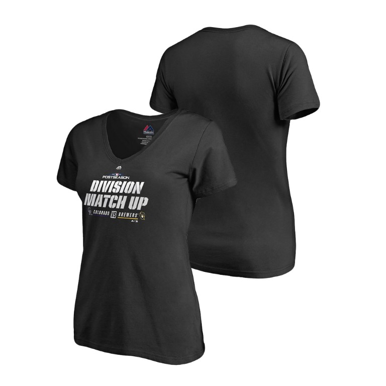 Women - Milwaukee Brewers vs. Colorado Rockies Black 2018 NL Division Series Matchup Double V-Neck T-Shirt Women - Milwaukee Brewers vs. Colorado Rockies Black 2018 NL Division Series Matchup Double V-Neck T-Shirt