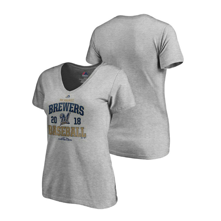 Women - Milwaukee Brewers Bases Heather Gray Majestic V-Neck T-Shirt Women - Milwaukee Brewers Bases Heather Gray Majestic V-Neck T-Shirt