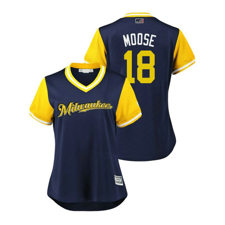 Women - Milwaukee Brewers Navy #18 Mike Moustakas Moose Jersey Women - Milwaukee Brewers Navy #18 Mike Moustakas Moose Jersey