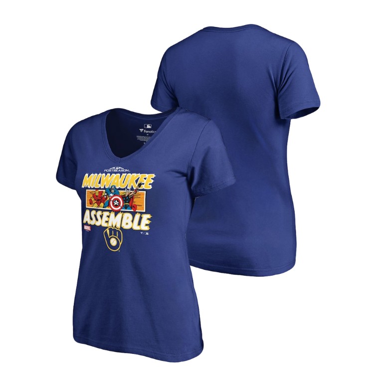 Women - Milwaukee Brewers Marvel Avengers Assemble Royal V-Neck T-Shirt Women - Milwaukee Brewers Marvel Avengers Assemble Royal V-Neck T-Shirt