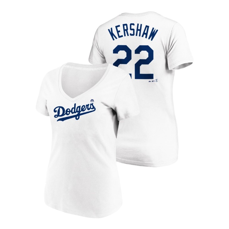 Women - Los Angeles Dodgers #22 White Clayton Kershaw Name & Number Majestic V-Neck T-Shirt Women - Los Angeles Dodgers #22 White Clayton Kershaw Name & Number Majestic V-Neck T-Shirt