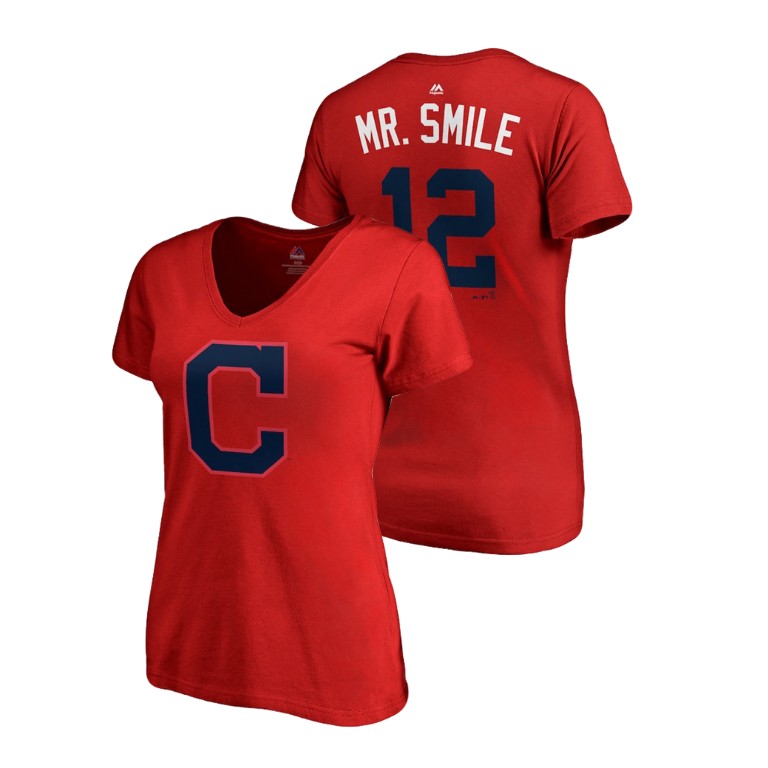 Women - Cleveland Indians Red #12 Francisco Lindor Mr. Smile T-Shirt