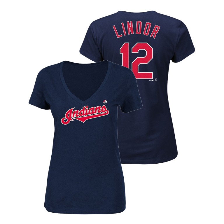Women - Cleveland Indians #12 Navy Francisco Lindor Name & Number Majestic V-Neck T-Shirt Women - Cleveland Indians #12 Navy Francisco Lindor Name & Number Majestic V-Neck T-Shirt
