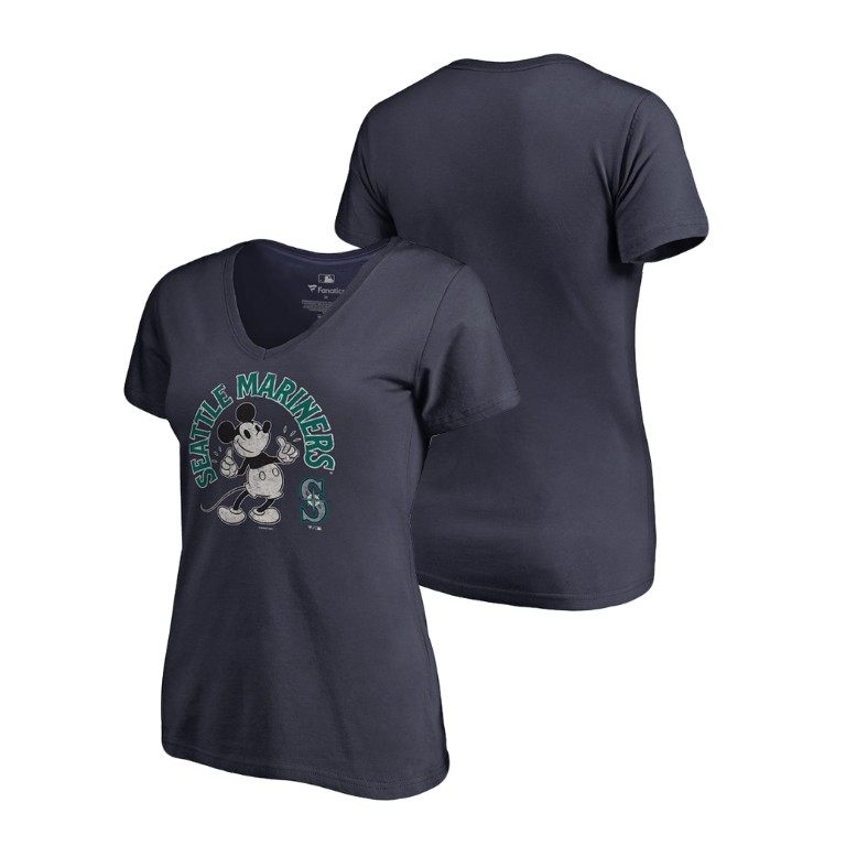Women - Seattle Mariners V-Neck Navy Disney Mickey's True Original Arch T-Shirt