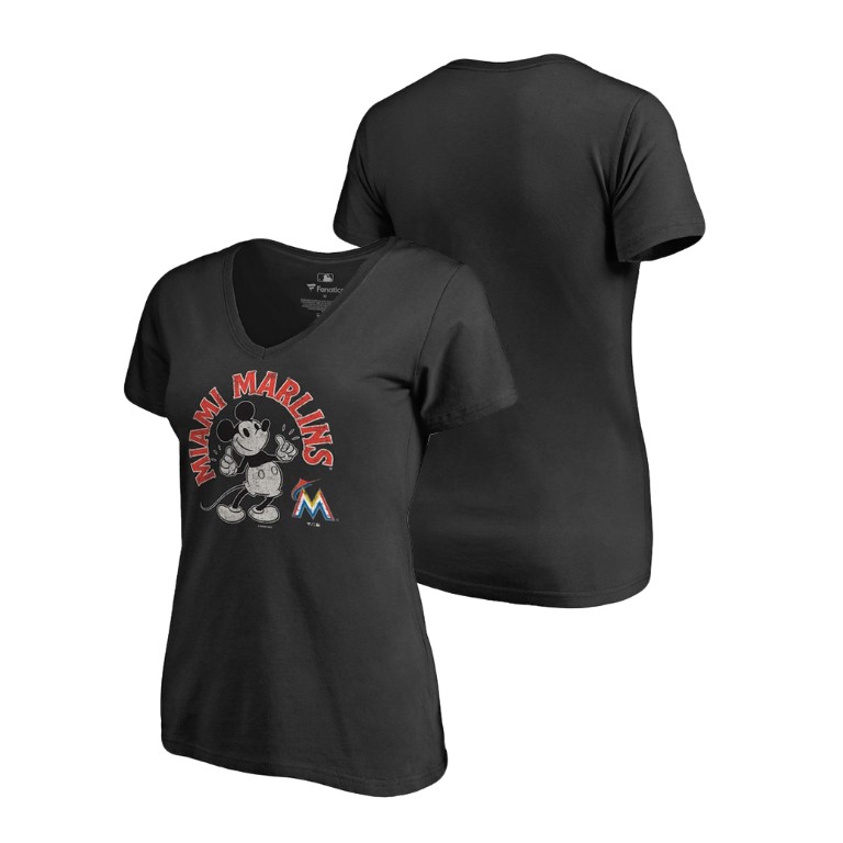 Women - Miami Marlins V-Neck Black Disney Mickey's True Original Arch T-Shirt Women - Miami Marlins V-Neck Black Disney Mickey's True Original Arch T-Shirt
